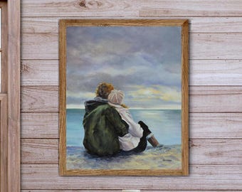 Love painting art print, Lovers sunset beach artwork, Romantic beach landscape art, Couple in love, Cloudy sea painting