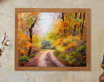 油絵 絵画 【秋の道】 秋の道のアートプリント、暖かい色の森の風景、秋の小道、自然のリアル