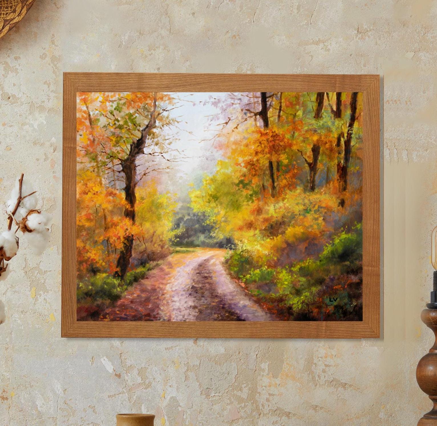 秋の道のアートプリント、暖かい色の森の風景、秋の小道、自然のリアル