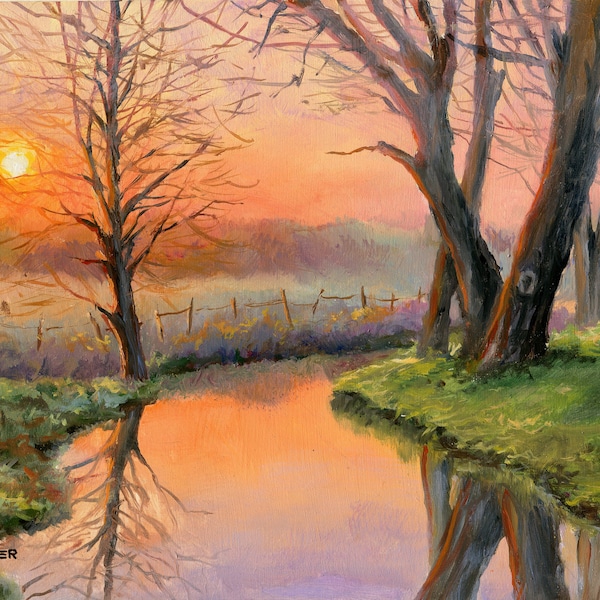 Oeuvre d'art de paysage coucher de soleil sur la rivière, couleurs chaudes du coucher du soleil, décor de cabane, décor de ferme, peinture de paysage d'arbres, oeuvre d'art encadrée, peinture à l'huile