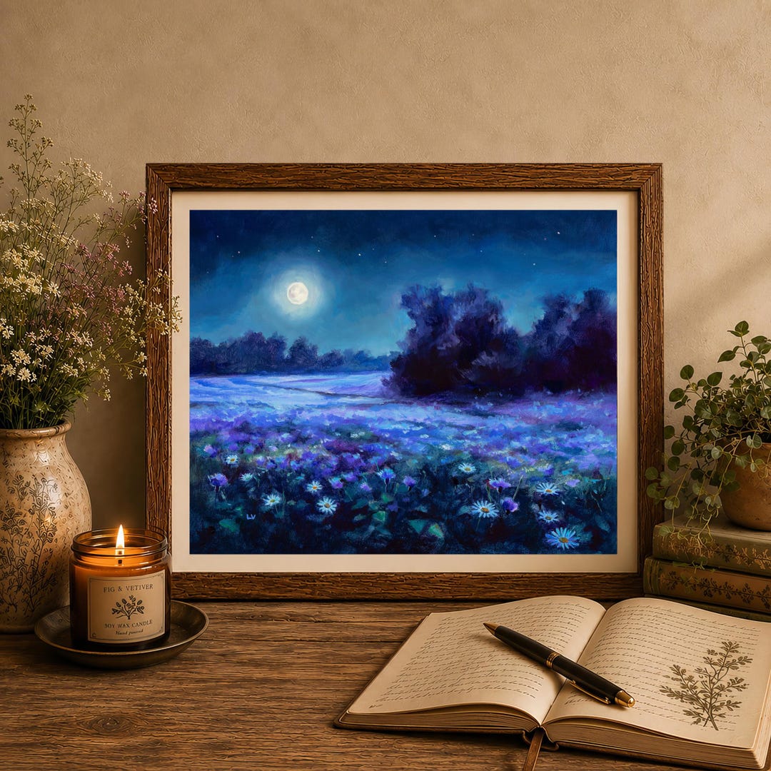夜の花畑アートプリント、青い野花の草原の絵画、満月の風景プリント