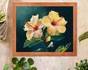 黄色のハイビスカスの花の絵画プリント、トロピカルな花の油絵リアル