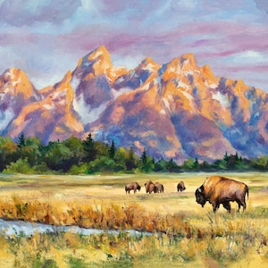 Wyoming Berge ORIGINAL-Gemälde, Tetons Landschaft Bison, Wildnis Ölgemälde, oben Kamin Mantel Kunst rustikal Berghaus Dekor