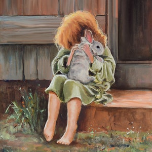 May include: A young girl with red hair sits on a wooden step, holding a white rabbit close to her chest. She is wearing a green dress and has a gentle expression on her face.