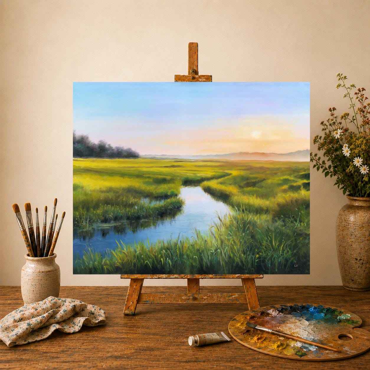 風景画　油絵 湿地風景油絵オリジナル、黄金の陽光が差し込む水路のアート、フロリダ