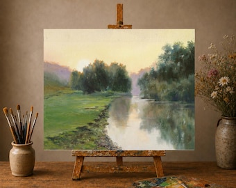穏やかな川の風景画 オリジナル絵画のプリント 水 川 アート 水景