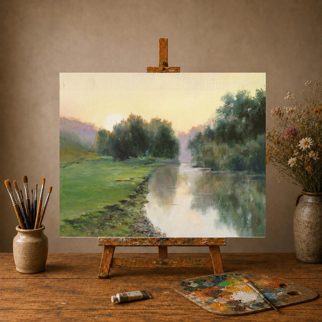 Forest River Art ORIGINAL, Vintage Nature Oil Painting Waterscape