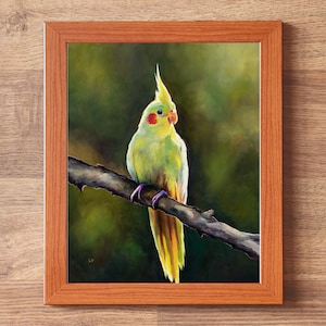 Yellow parrot artwork ORIGINAL, Small cockatiel wall art, Realistic bird oil painting, Tropical wildlife portrait, Bird pet artwork gift
