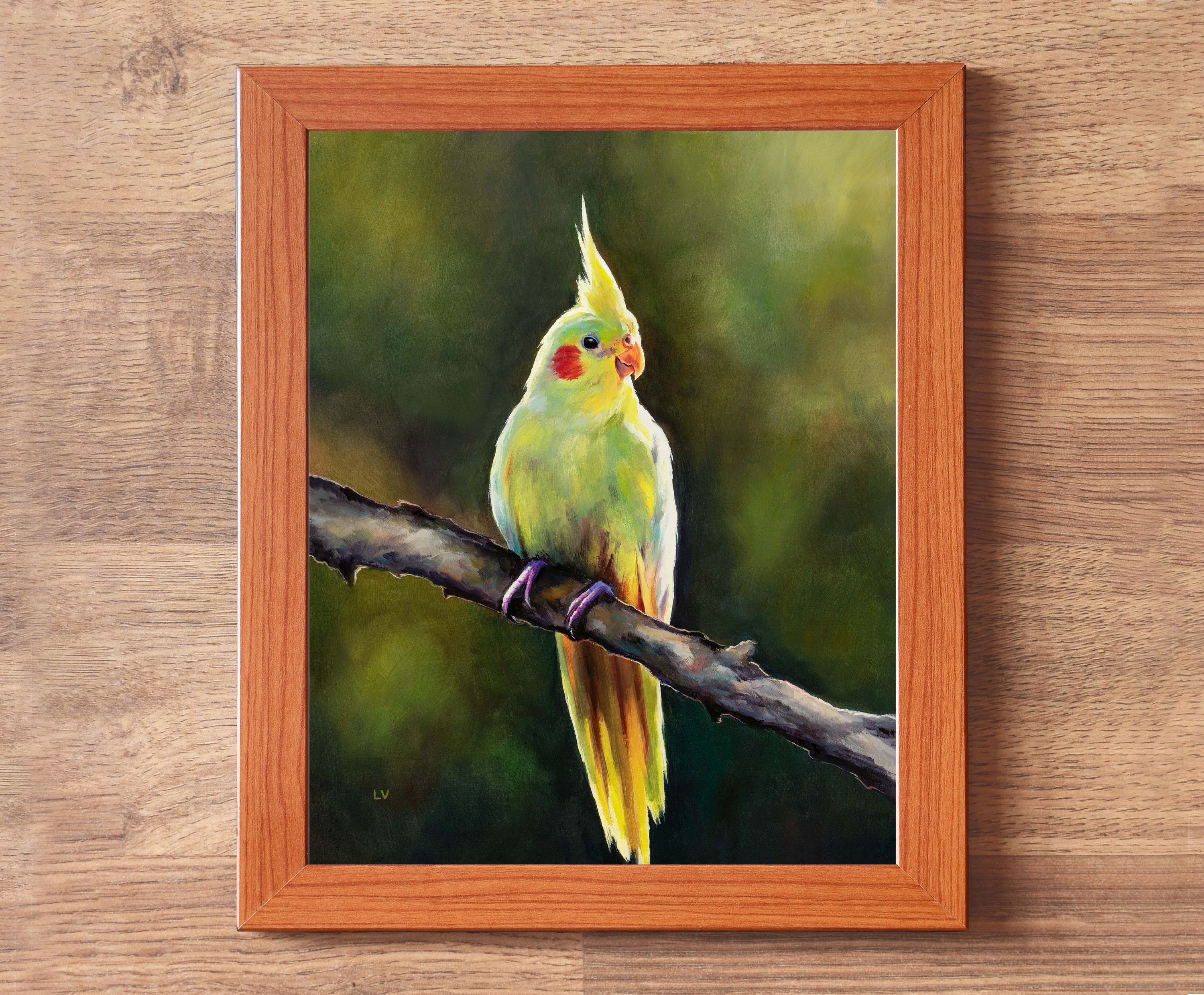 黄色いオウムのオリジナルアートワーク、小さなオカメインコの壁