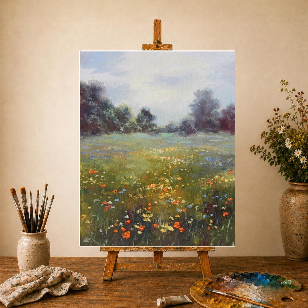 油絵 絵画 【野花の風景】 野花の風景画、花畑のアート、農家の壁飾り用の自然をテーマにした
