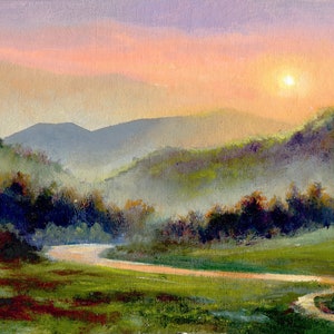 Misty landscape ORIGINAL oil painting, Foggy panoramic scene misty mountains and road valley art, Hazy nature wall art, Foggy forest artwork
