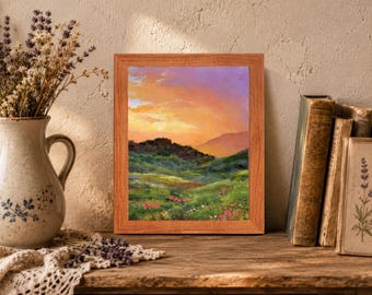 夕日の風景油絵オリジナル、額装された田園風景画、モダンな農家風絵画