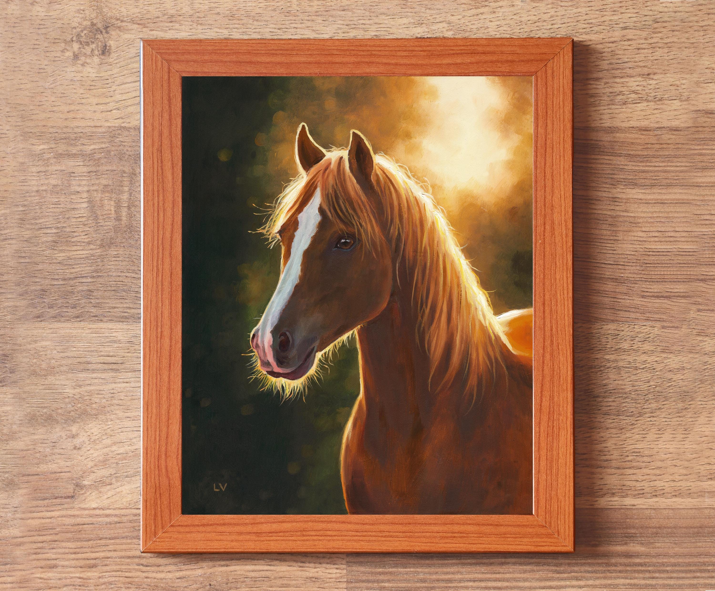 栗毛の馬の油絵オリジナル、茶色と白の馬の肖像画、小さな馬のアート