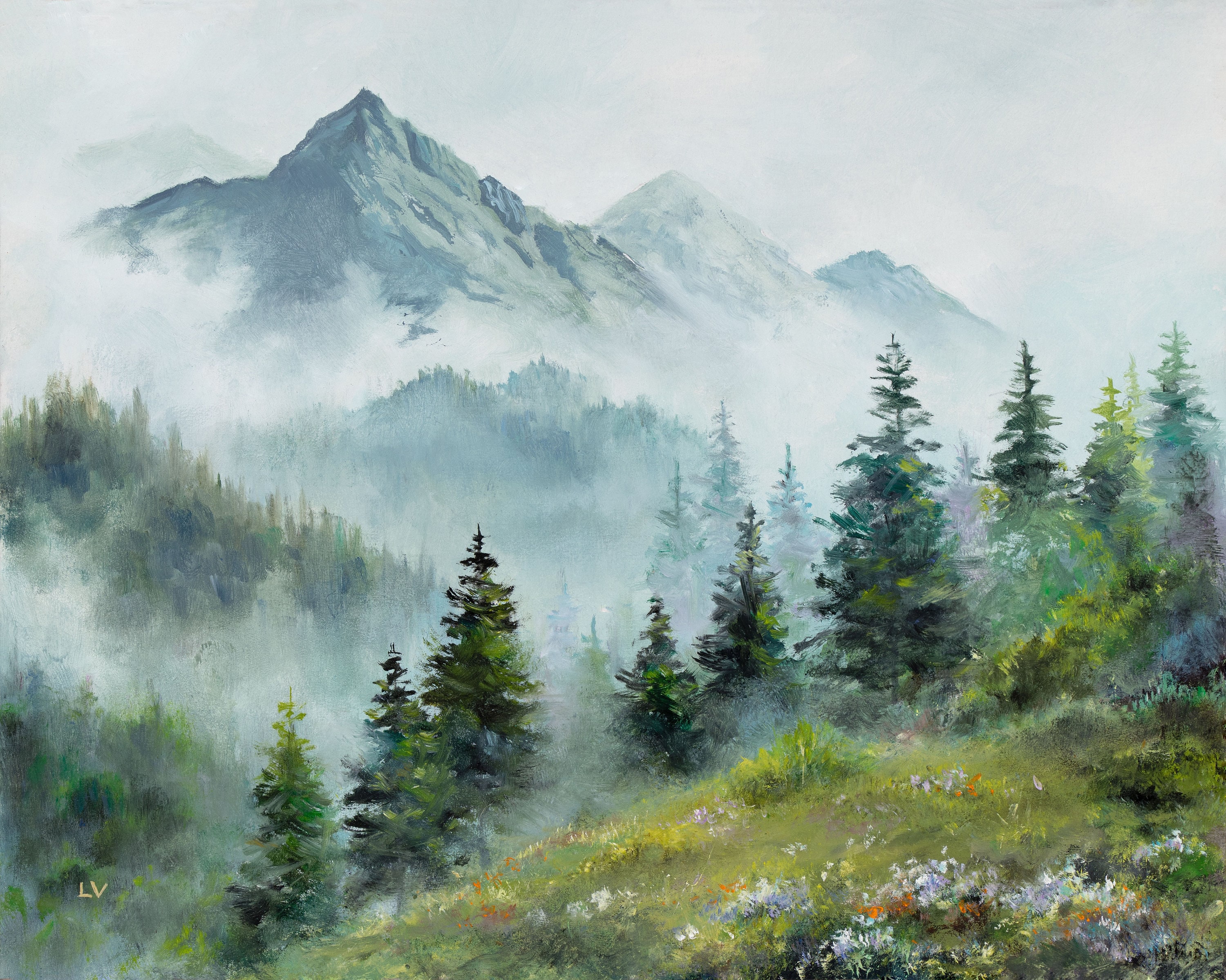 Misty Mountains Pine Trees ORIGINAL Painting, Foggy Forest