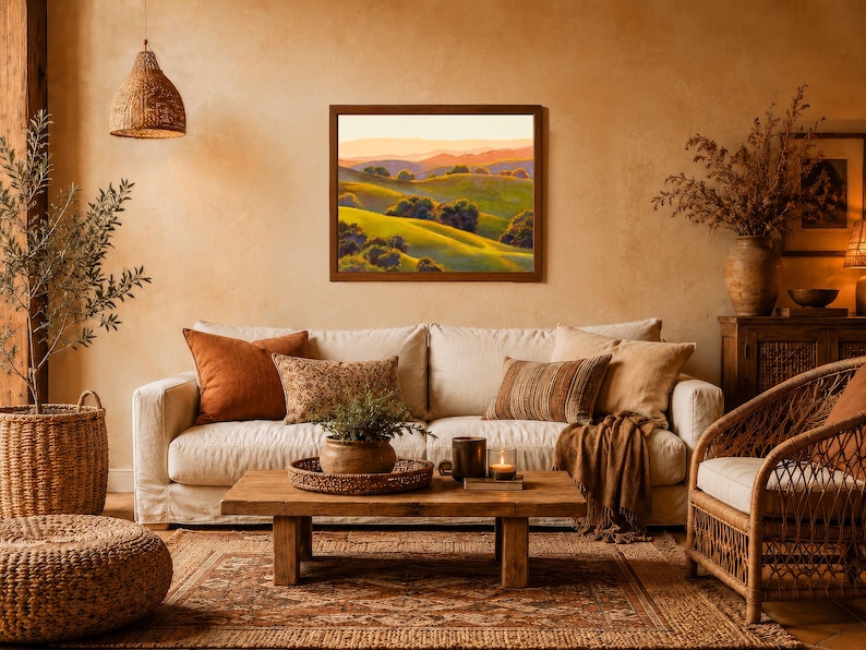 Peut inclure: Une peinture de paysage rectangulaire dans un cadre en bois sombre repr&eacute;sentant des collines verdoyantes sous un ciel de coucher de soleil doux, avec des arbres vert fonc&eacute; et des montagnes dor&eacute;es au loin, fix&eacute;e sur un mur beige textur&eacute;.