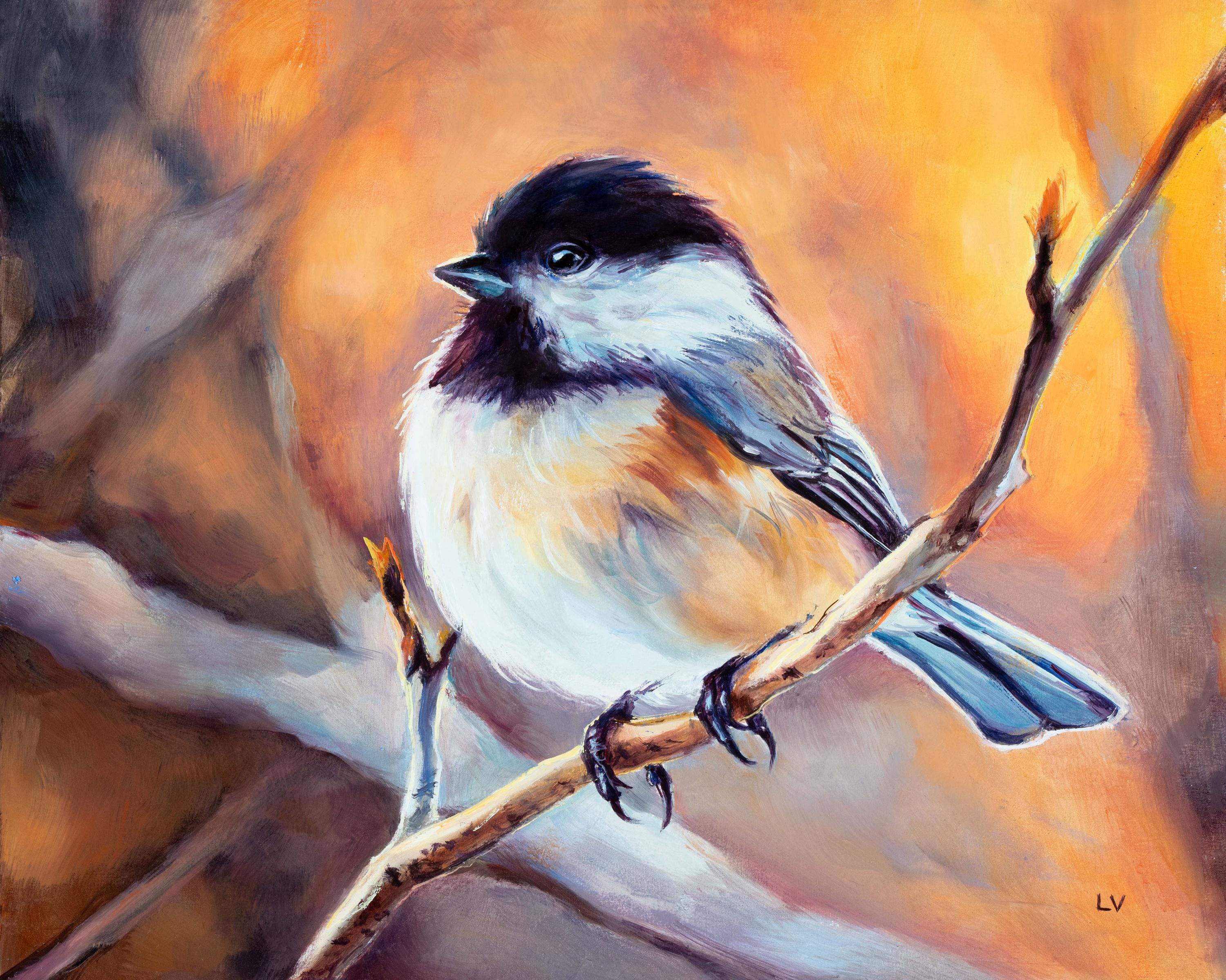Black Capped Chickadee Art PRINT, Farmhouse Kitchen Bird Painting Decor ...