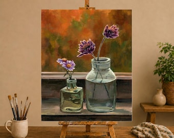 花の静物画、紫の花のオリジナル油絵、静物画の窓、花の絵、額装された