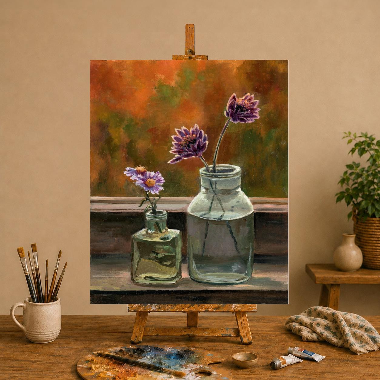 花の静物画、紫の花のオリジナル油絵、静物画の窓、花の絵、額装された