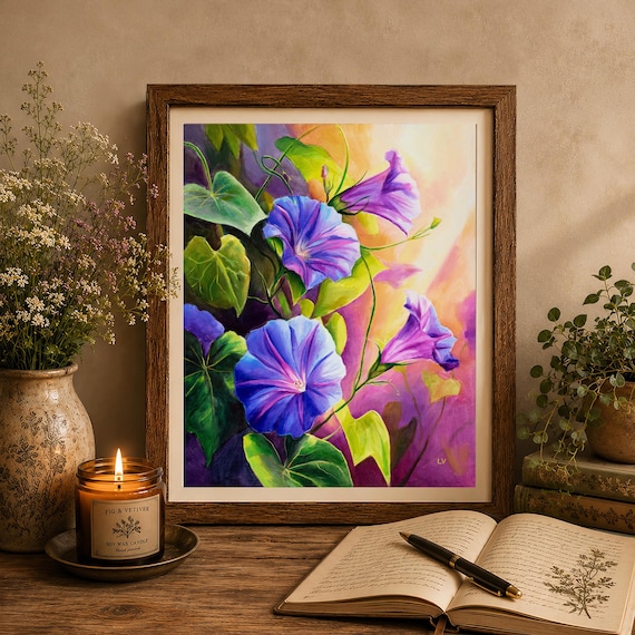 朝顔の花のアートプリント、鮮やかな庭の花の油絵、青いトランペットの