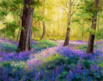Bluebell woods painting ORIGINAL, British forest, Virginia bluebells art, Purple flowers woodland Springtime landscape Country kitchen decor