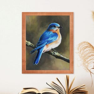 Bluebird painting art PRINT, Vintage blue bird poster, Wildlife bird oil painting, Backyard bird wall art print, Bird lover gift birdwatcher