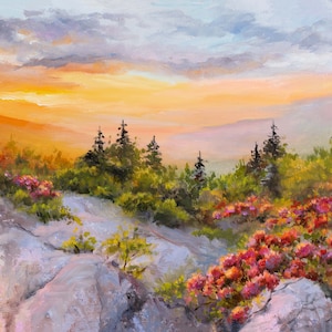 Great Smoky Mountains art ORIGINAL, Blue Ridge mountains parkway, Panoramic sunset oil painting, Rhododendron bloom, Fireplace wall decor