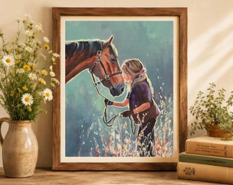 Impression d'art western femme cheval, décoration du sud-ouest de la peinture équestre, art maison du ranch, cadeau fille amateur de chevaux, art giclée de ferme moderne