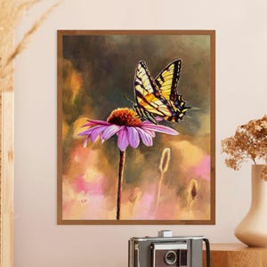 Tiger swallowtail butterfly PRINT, Purple coneflower art, Butterfly on pink flower painting, Papilio glaucus, Spring wall art gift for mom