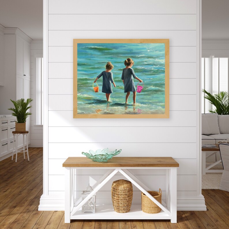 Children Playing on the Beach Painting PRINT, Sisters Portrait Artwork ...
