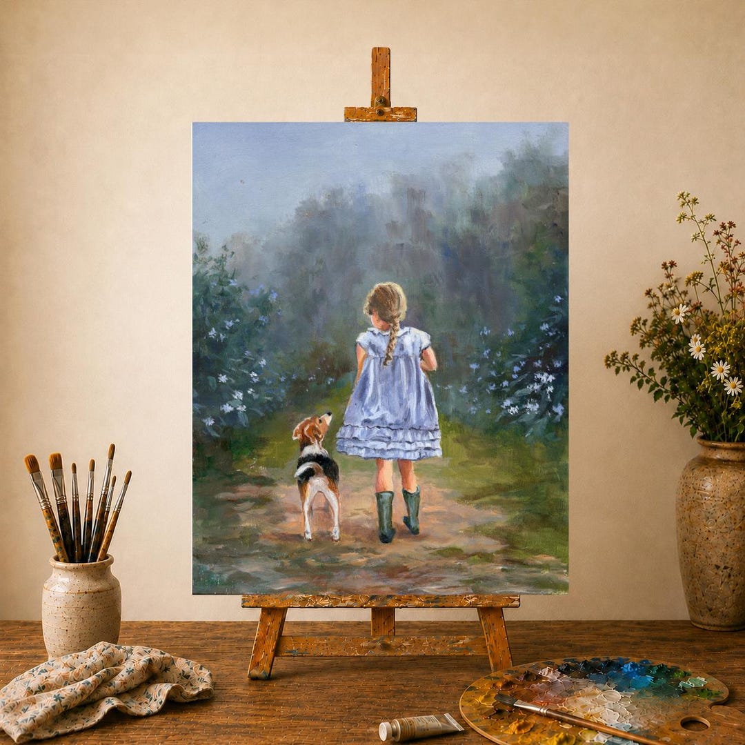 少女の絵画オリジナル、ビーグル犬のヴィンテージアート、動物の壁掛け