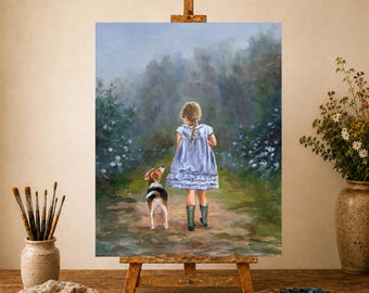 子供と犬の絵画：オリジナル具象画、6x8インチのミニ油絵 - Etsy 日本