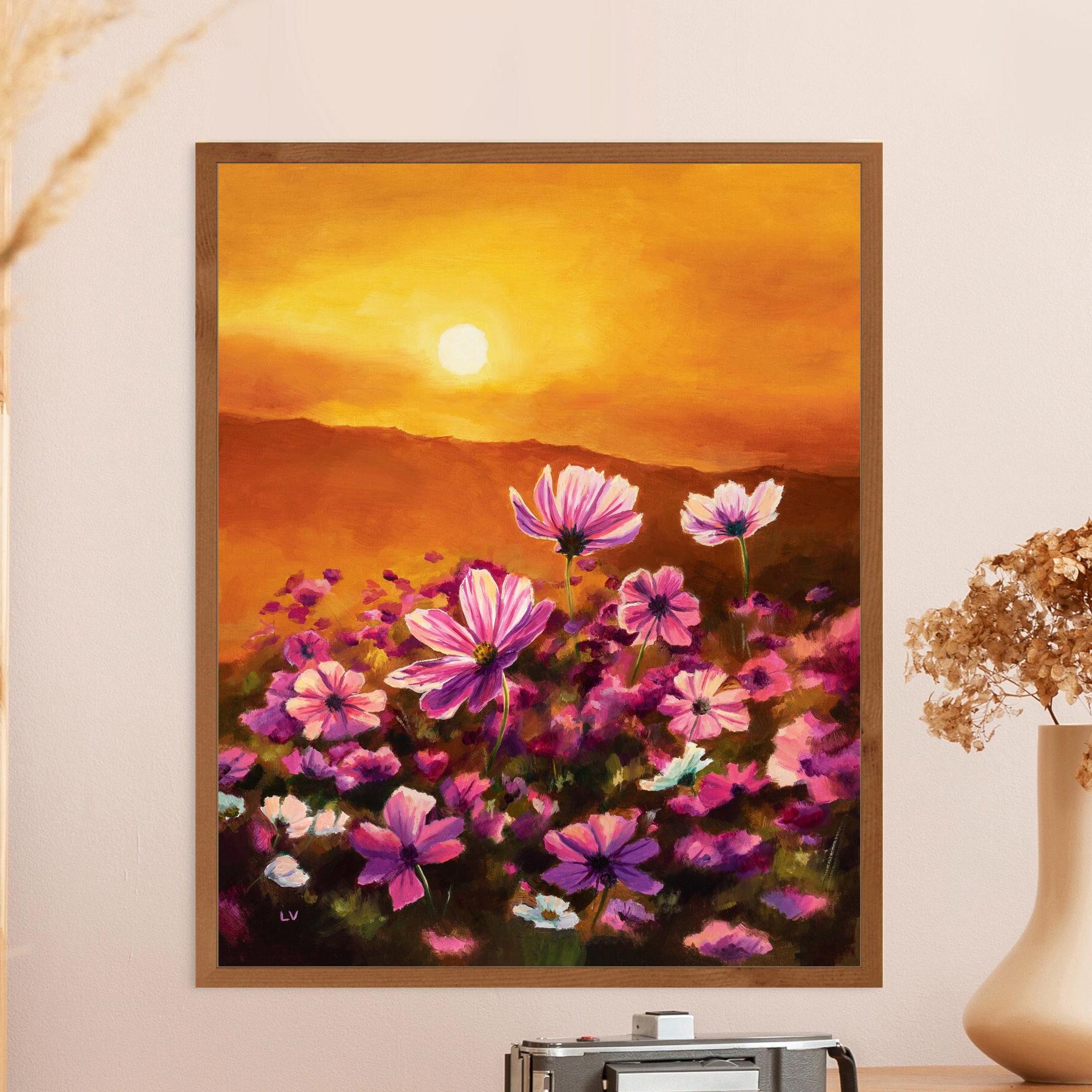 コスモス畑のプリント、夕焼けの草原の油絵、メキシコの花のアート