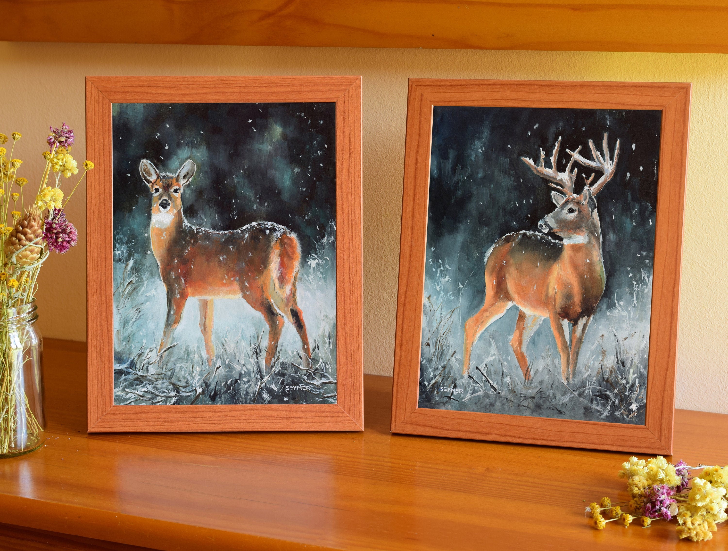Set of 2 deer paintings Framed deer couple art Wildlife Etsy