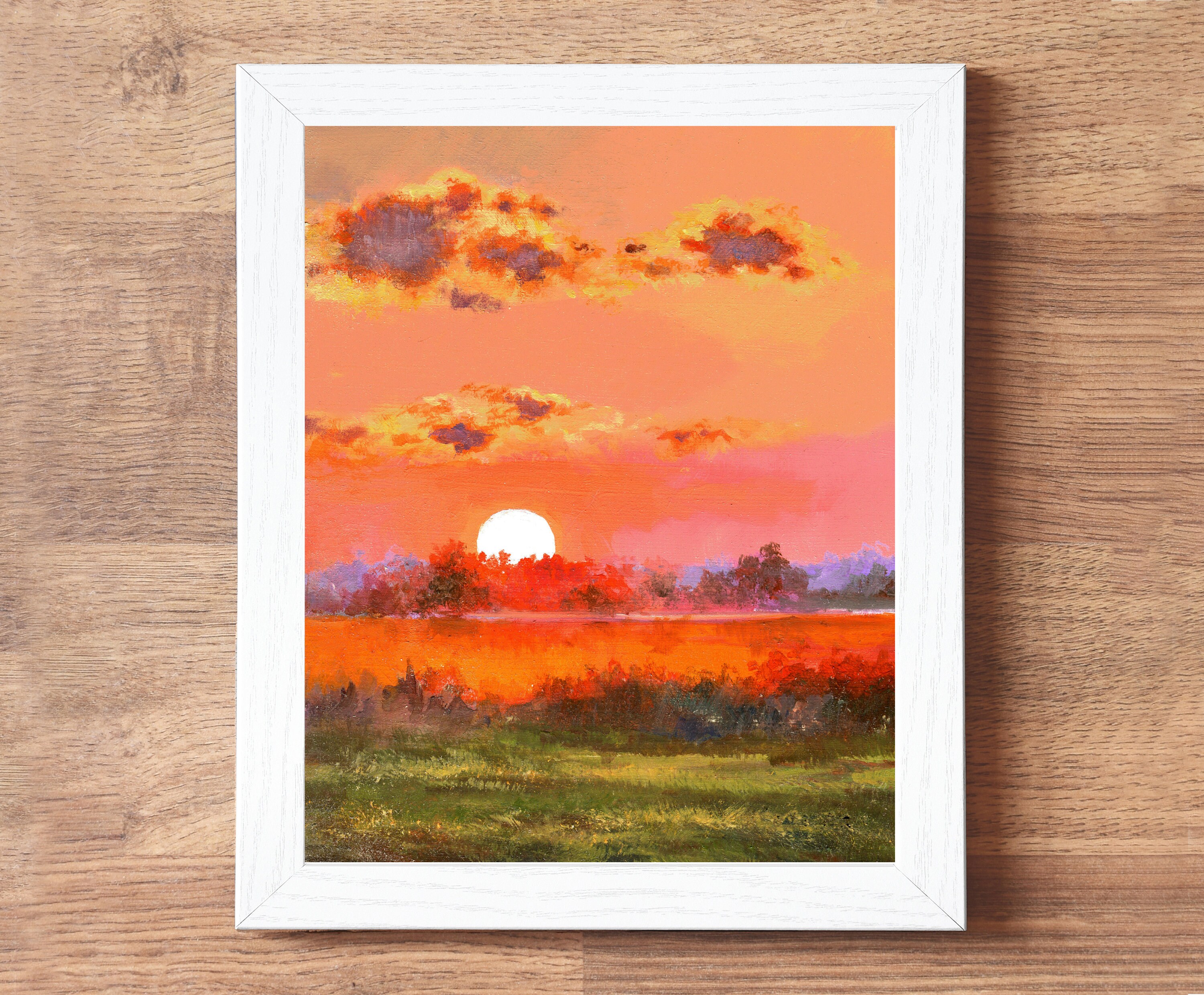 赤い夕焼けの絵画オリジナル、穏やかな川の壁アート、カラフルな油絵の