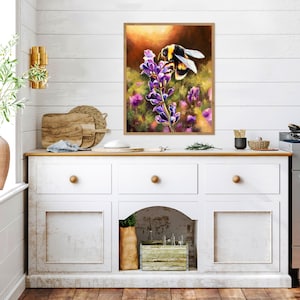 May include: A painting of a bumblebee on a purple flower with a yellow and brown background.