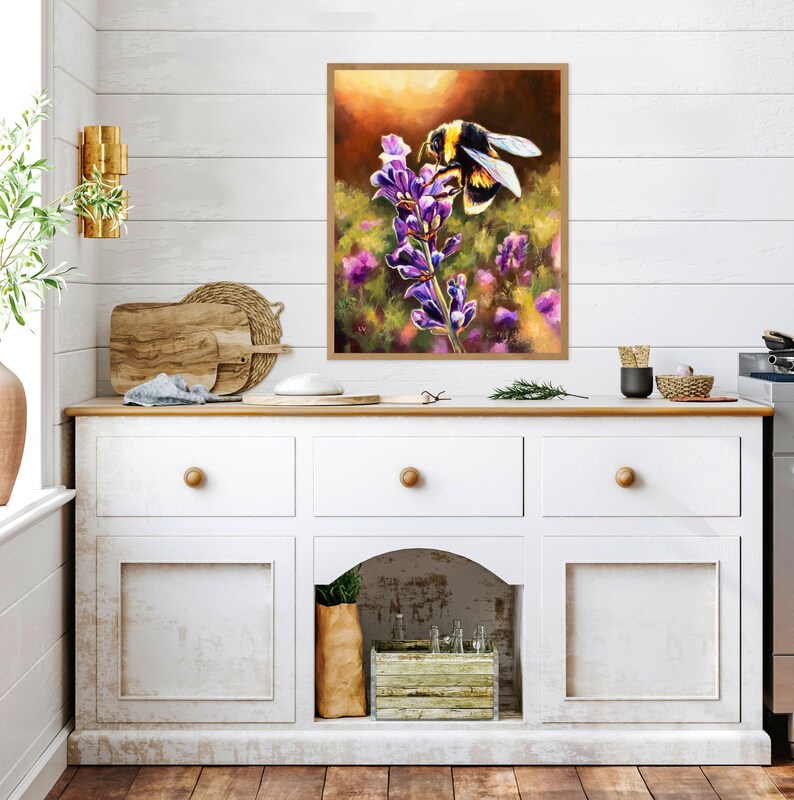 May include: A painting of a bumblebee on a purple flower with a yellow and brown background.