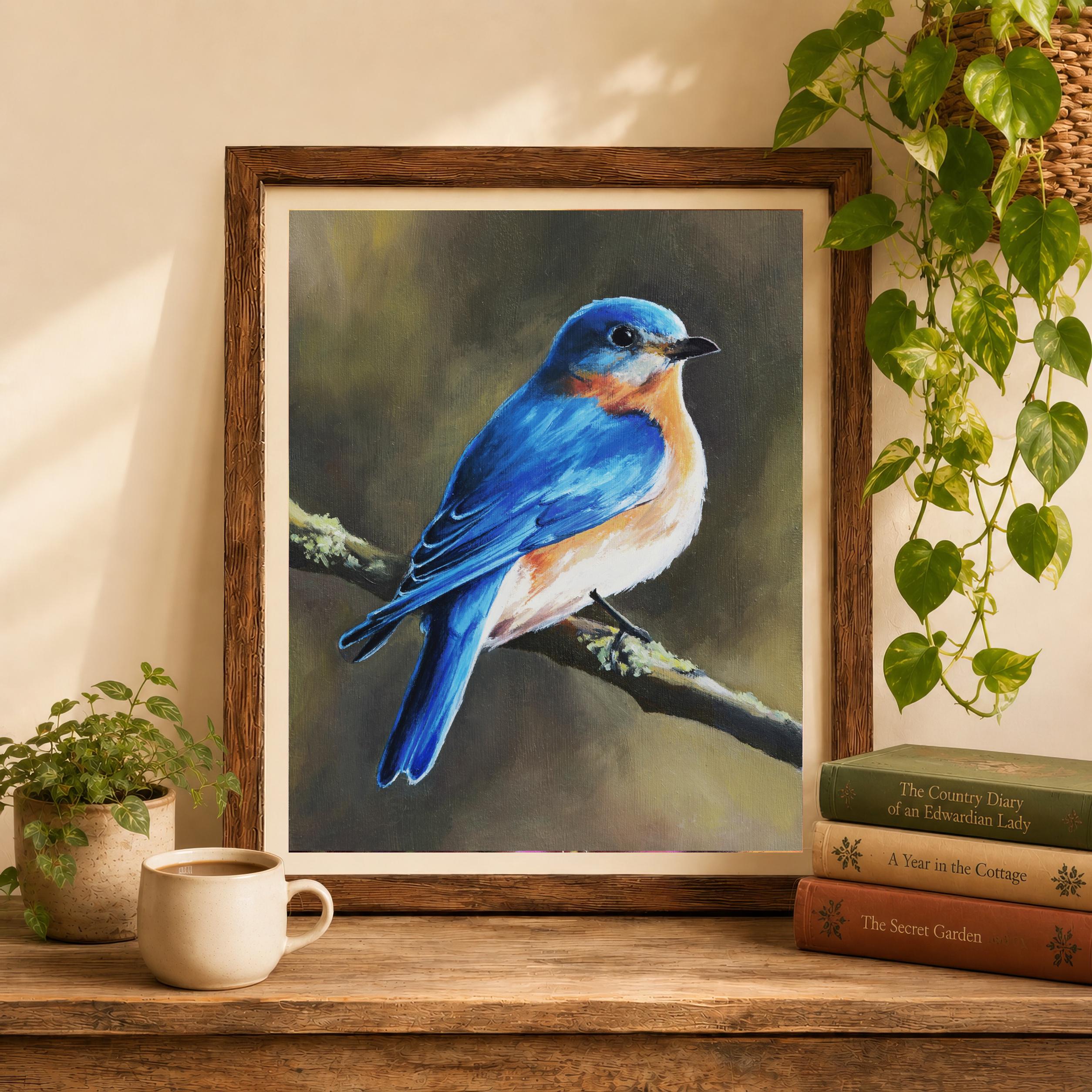 Bluebird Painting Art PRINT, Vintage Blue Bird Poster, Wildlife