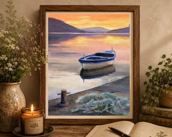 Wooden row boat painting PRINT, Calm lake jetty art, Pier fishboat sunset art poster, Dock bay water reflections, Fishing lover gift for dad