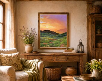 夕日の風景油絵オリジナル、額装された田園風景画、モダンな農家風絵画