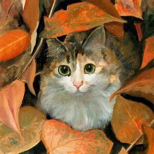 Art ORIGINAL de chat, portrait animalier pour les amoureux des chats, art mural chat pour amis chats, scène d'automne avec peinture de chat, couleurs d'automne des feuilles