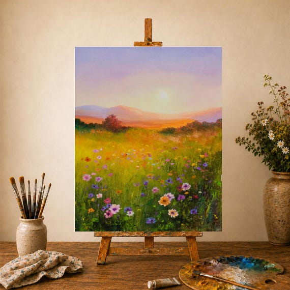 コロー 油彩画 In the Meadow 風景画 Meadow Landscape Painting ORIGINAL, Living Room Decor Floral Oil