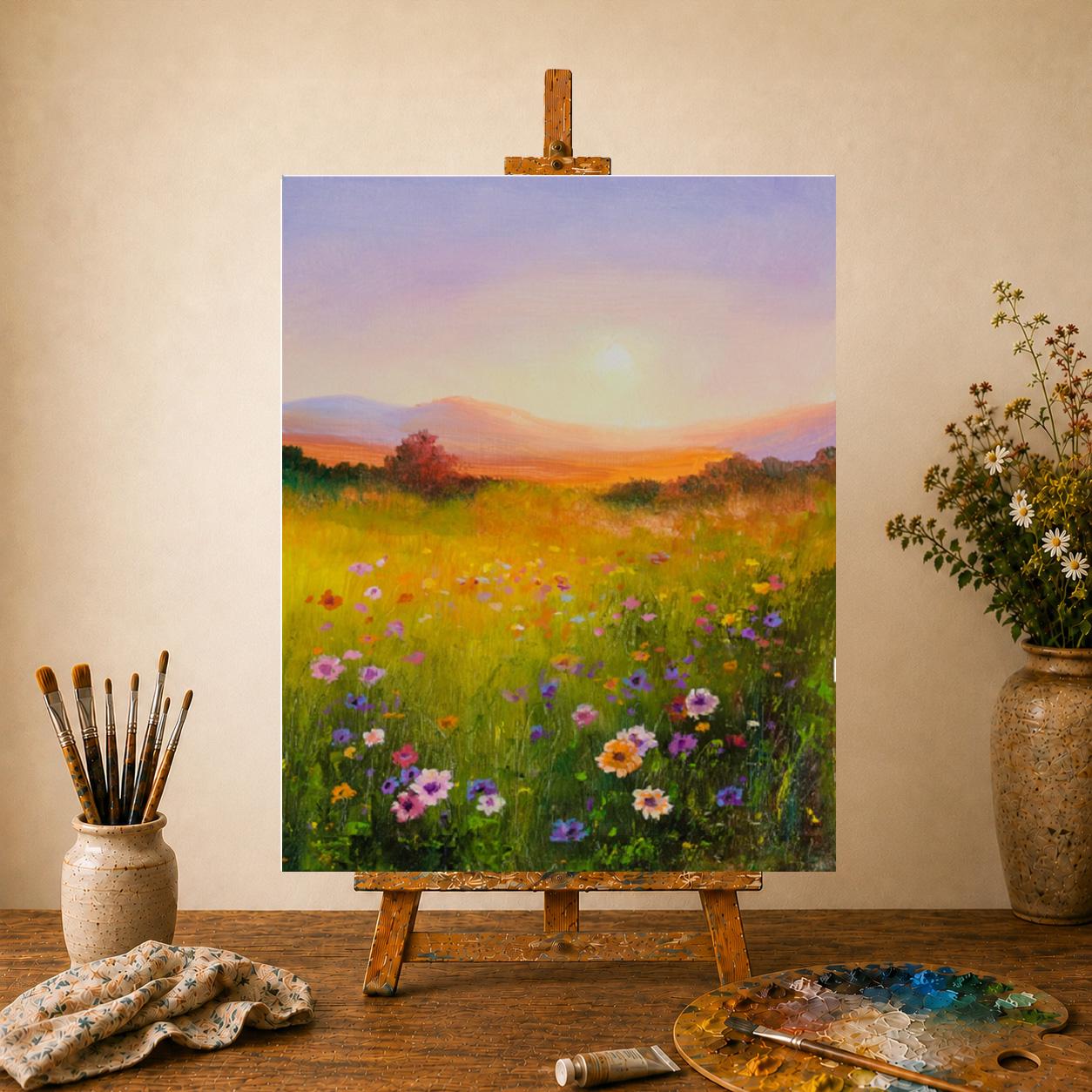 コロー 油彩画 In the Meadow 風景画 Meadow Landscape Painting ORIGINAL, Living Room Decor Floral Oil