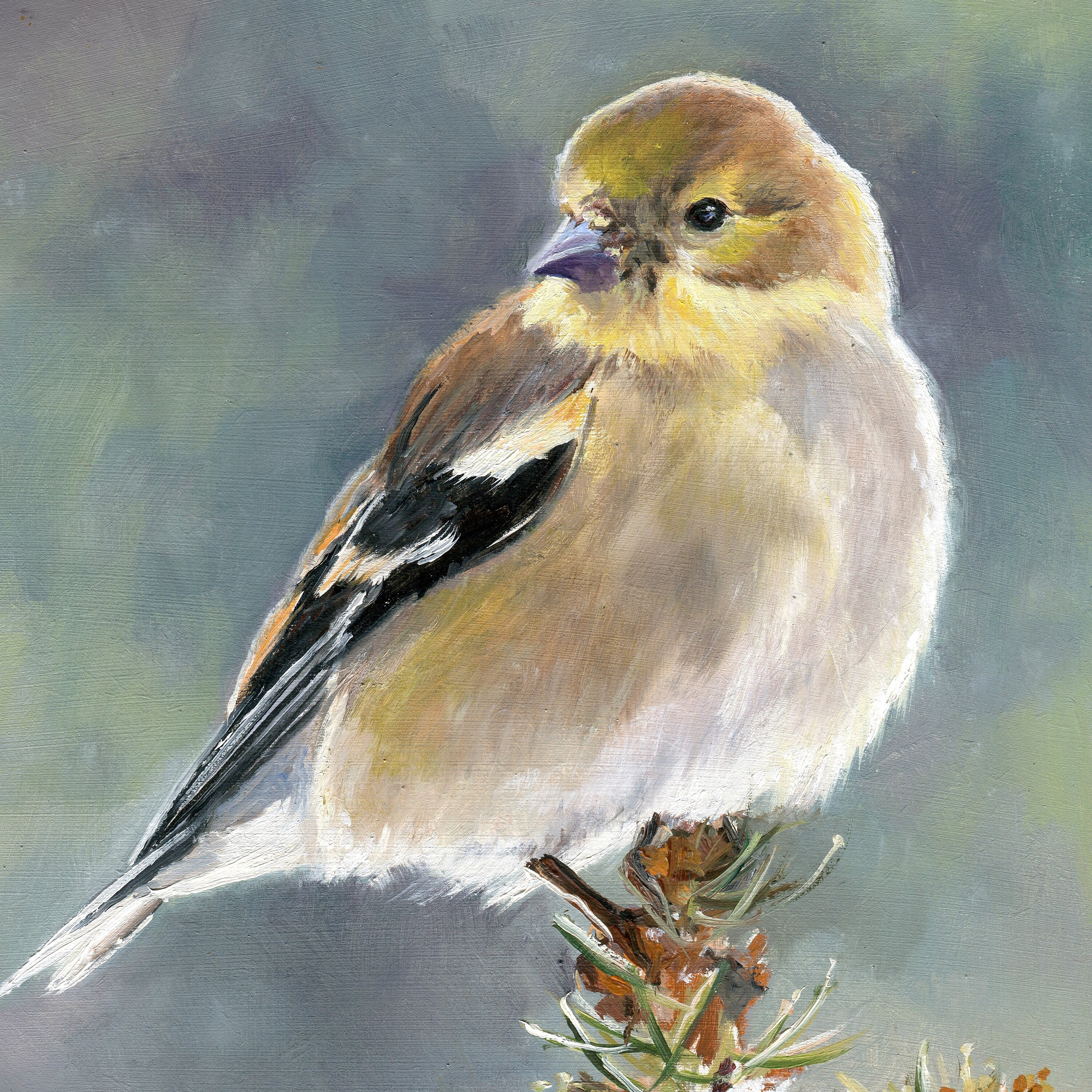 ゴシキヒワのオリジナル絵画、写実的な鳥の絵、動物の油絵、黄色い鳥の