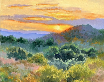 Landschaft ORIGINAL Ölgemälde, Wand Kunst Original Landschaft, Bauernhaus Kunst, Landschaft Wiese Sonnenuntergang Malerei, Natur Landschaftskunst gerahmt