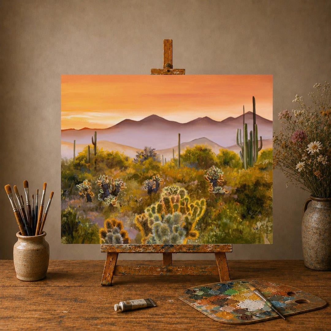 Sunset Arizona Desert ORIGINAL Painting, Saguaro National Park