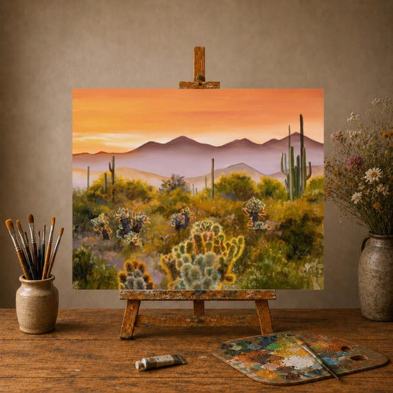Sunset Arizona Desert ORIGINAL Painting, Saguaro National Park