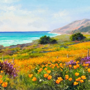 California coastal painting ORIGINAL, Big Sur California poppies fine art, Seascape spring wildflowers art, Ocean art framed, Flowers beach