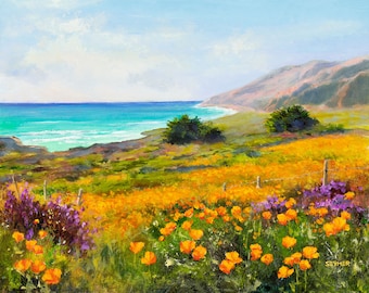 California coastal painting ORIGINAL, Big Sur California poppies fine art, Seascape spring wildflowers art, Ocean art framed, Flowers beach