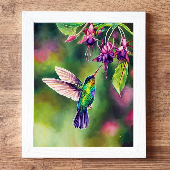 フクシアの花とハチドリの油絵、熱帯の鳥のオリジナルアートワーク、鳥