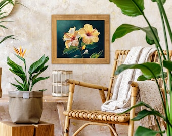 Yellow Hibiscus Flowers Painting PRINT, Tropical Floral Oil